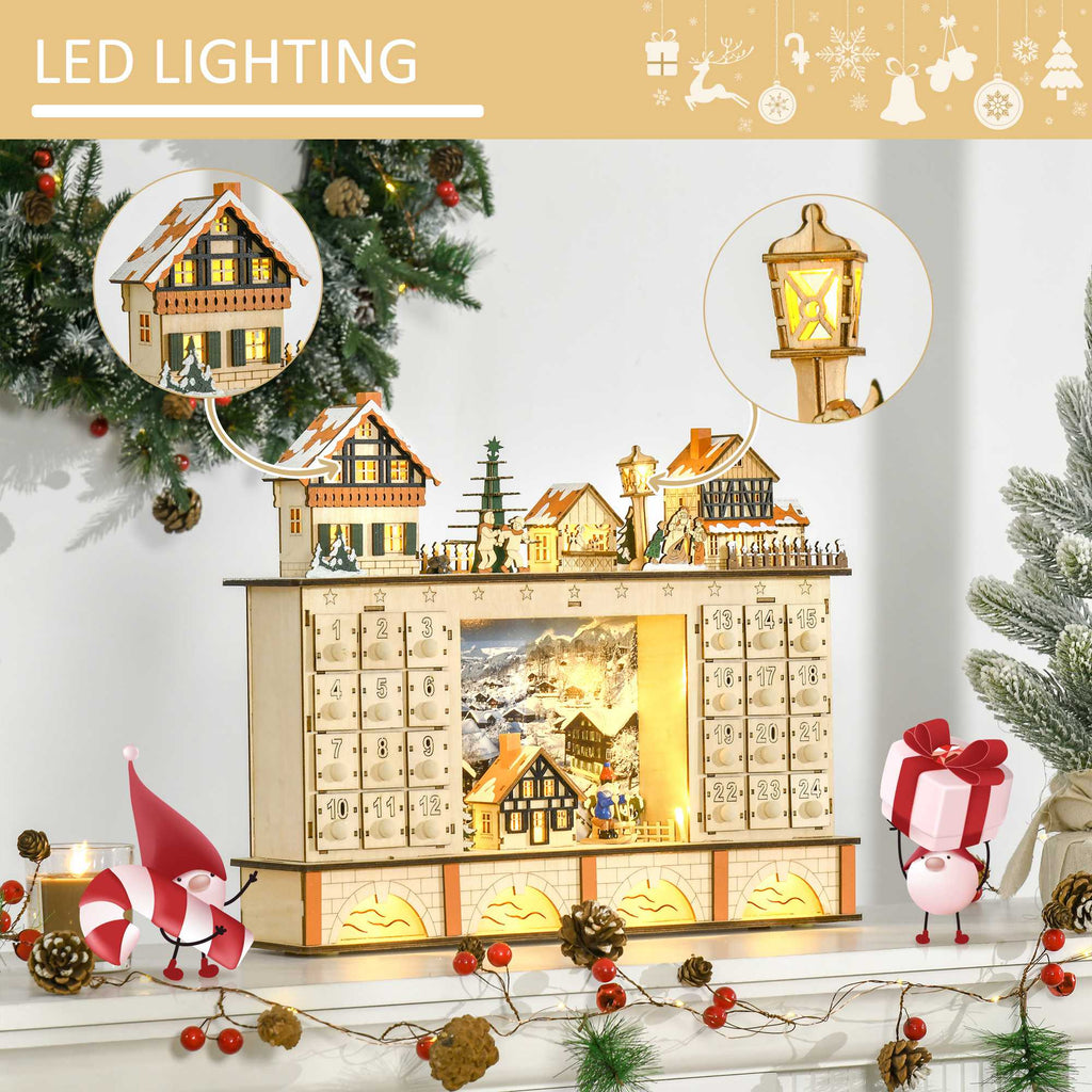 Light-Up Wooden Advent Calendar, Christmas Village with 24 Drawers