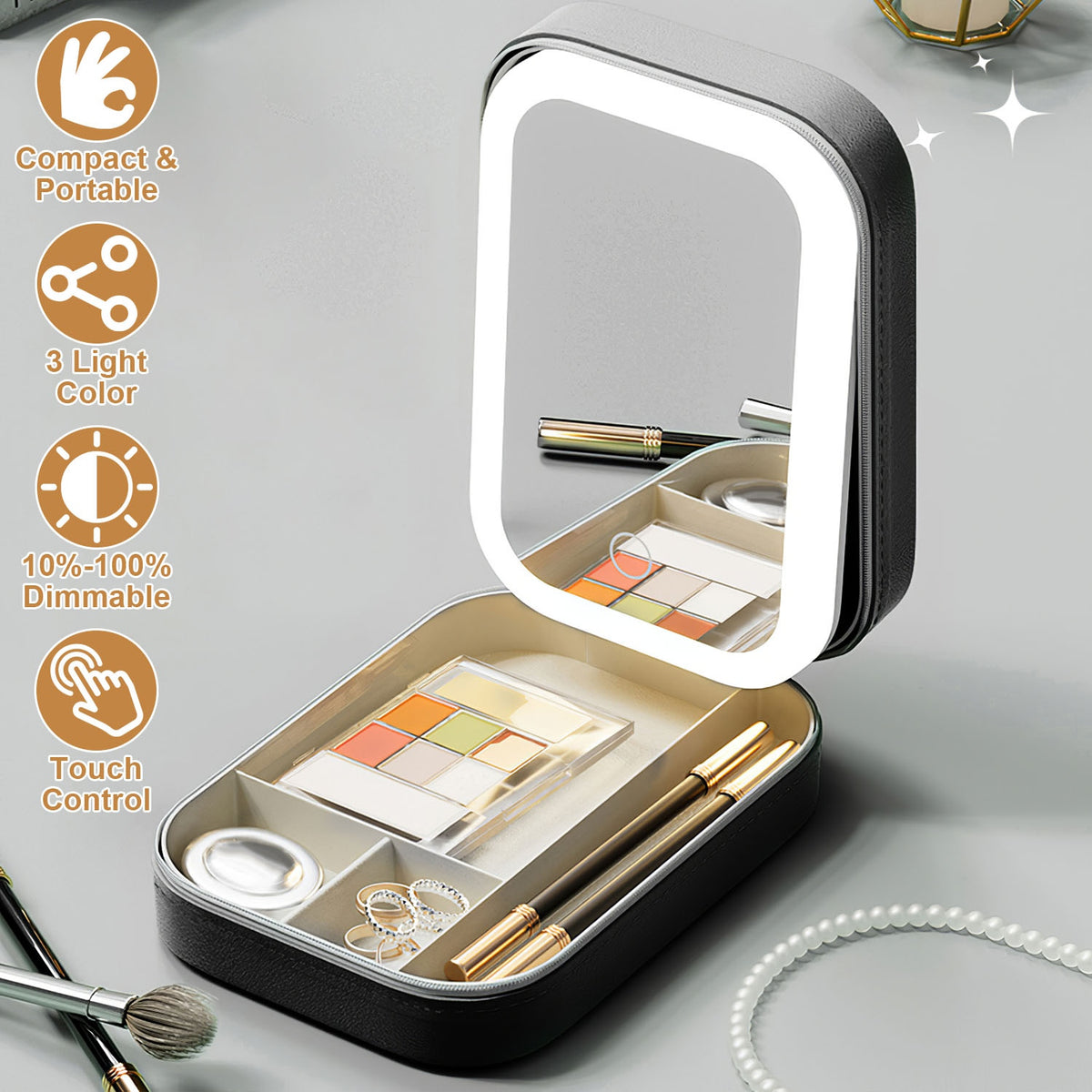 Travel Makeup Case with LED Mirror, Rechargeable