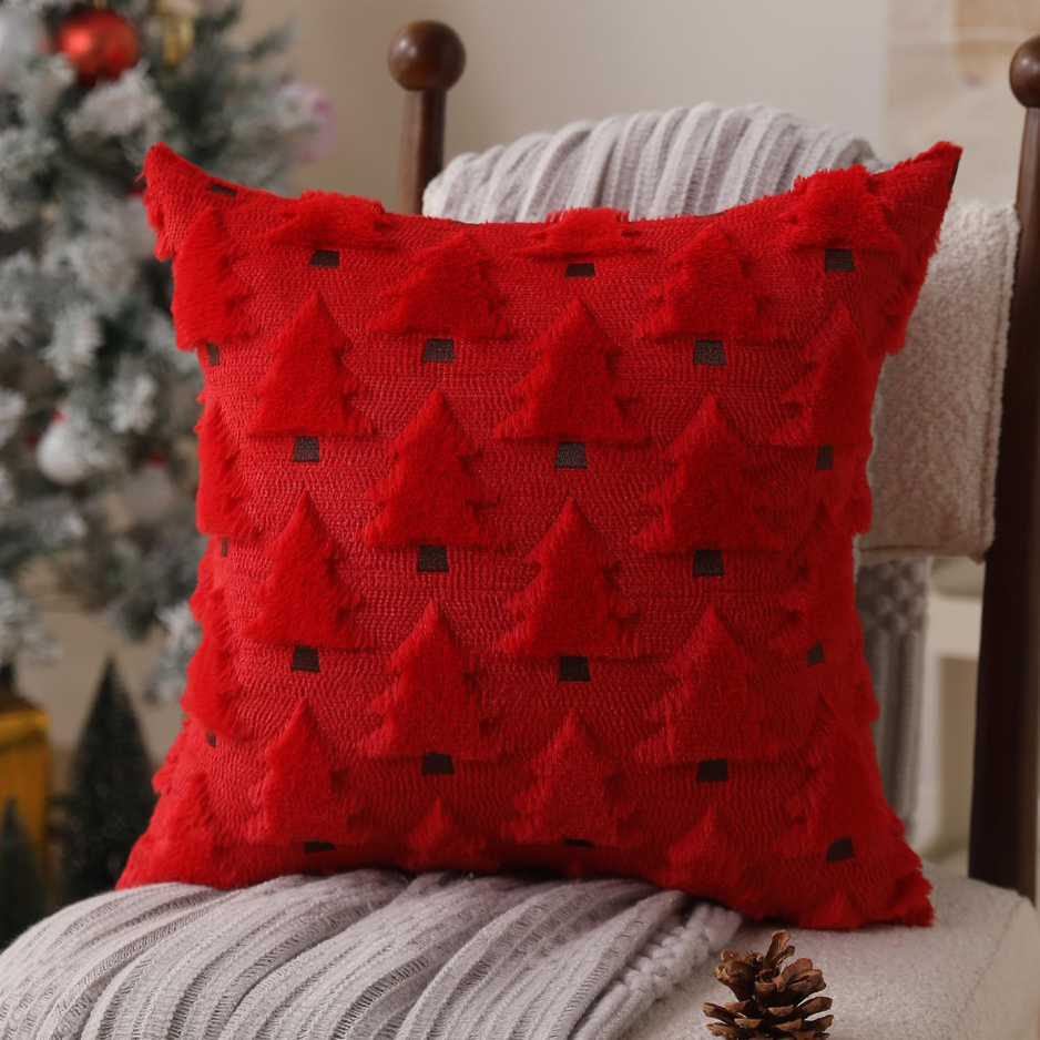 Red Plush Christmas Tree Pillow Covers, 18 x 18 Inch, Set of 2