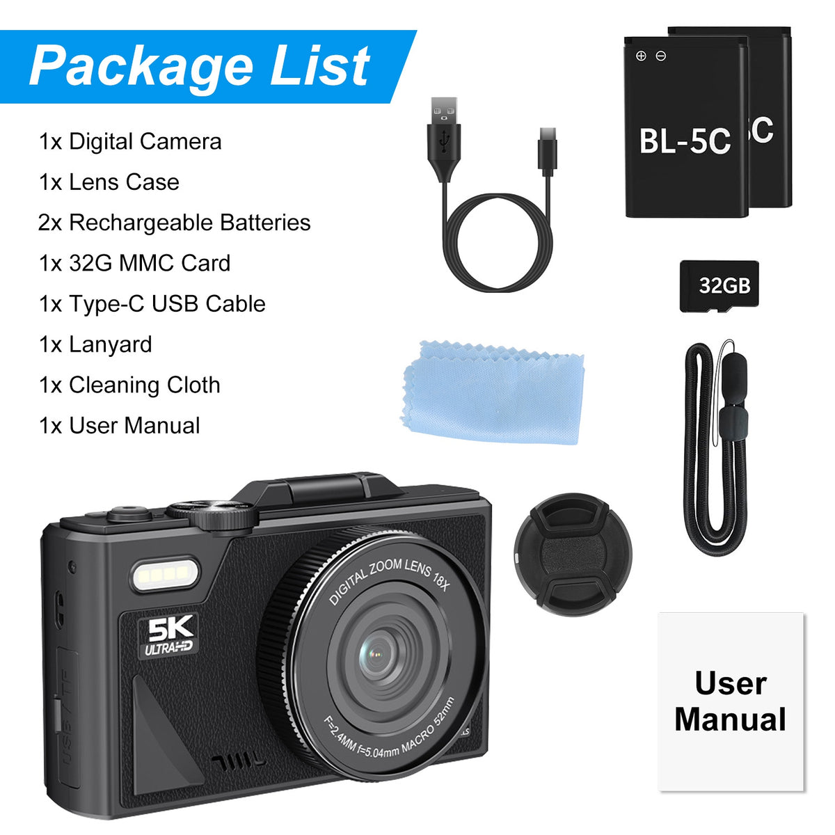 5K 75MP Digital Camera, Anti-Shake