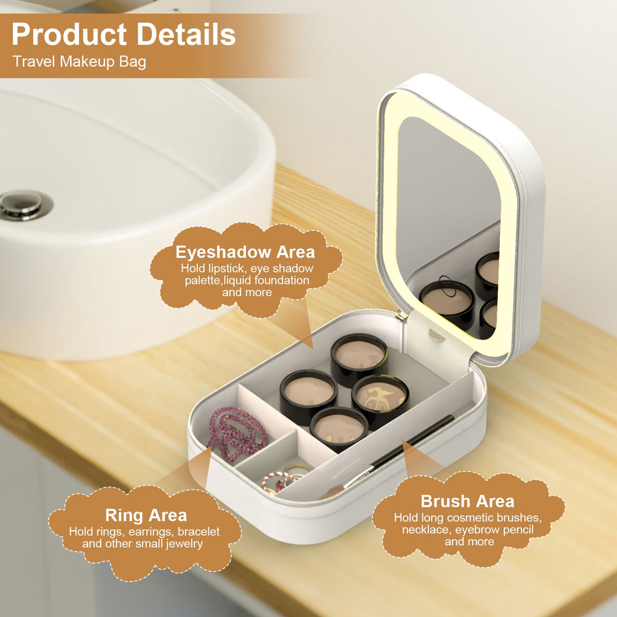 Travel Makeup Case with LED Mirror, Rechargeable