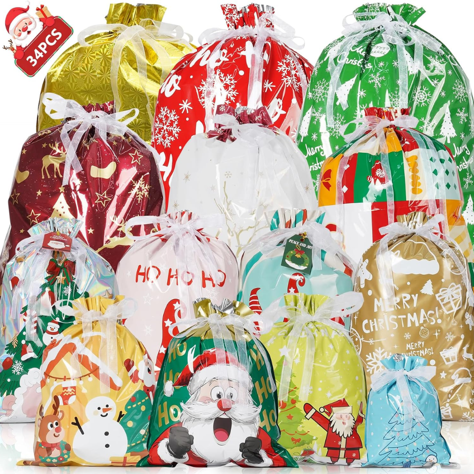 Christmas Drawstring Gift Bags, 34 Pack in 5 Sizes