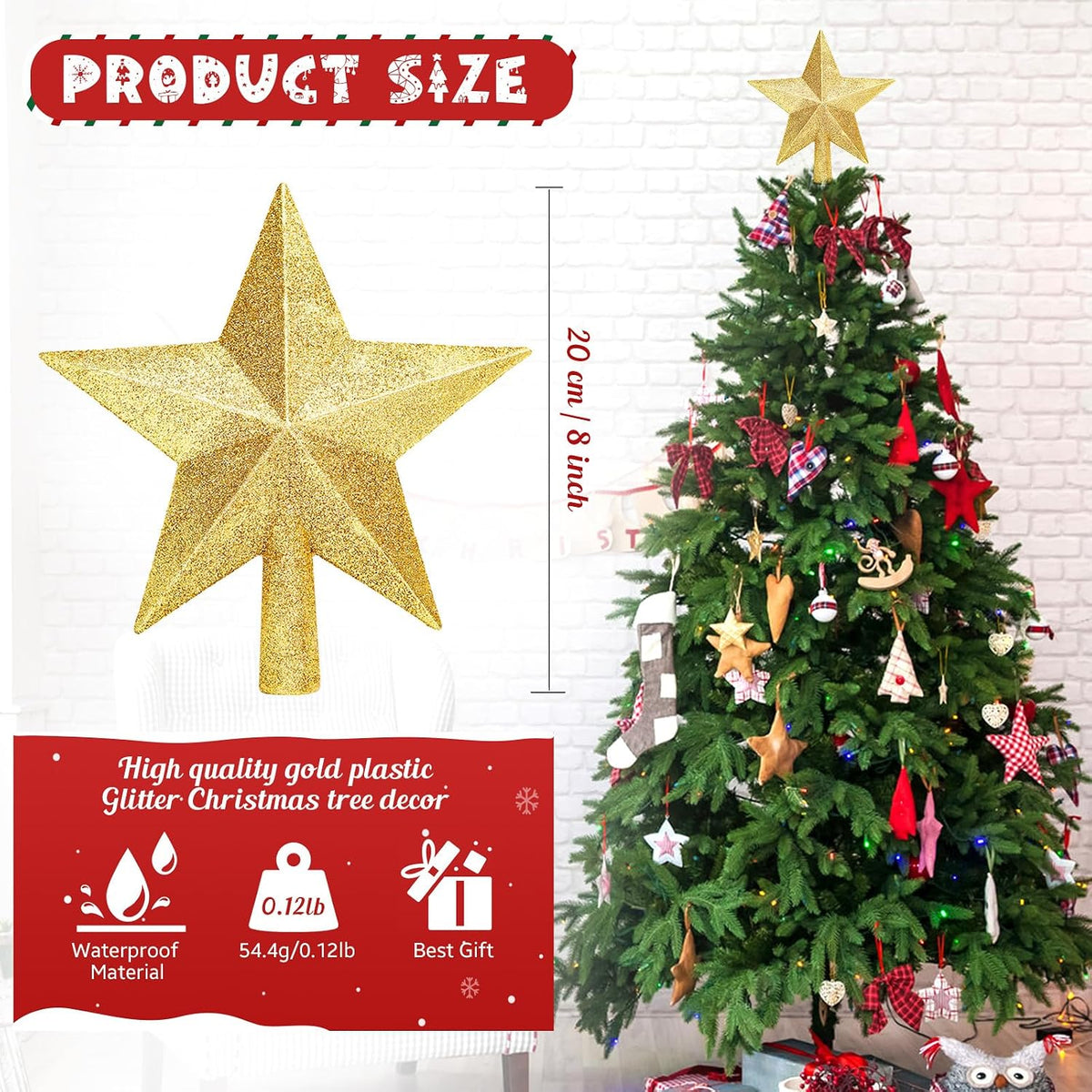 Gold Glitter Star Christmas Tree Topper, 8 Inch