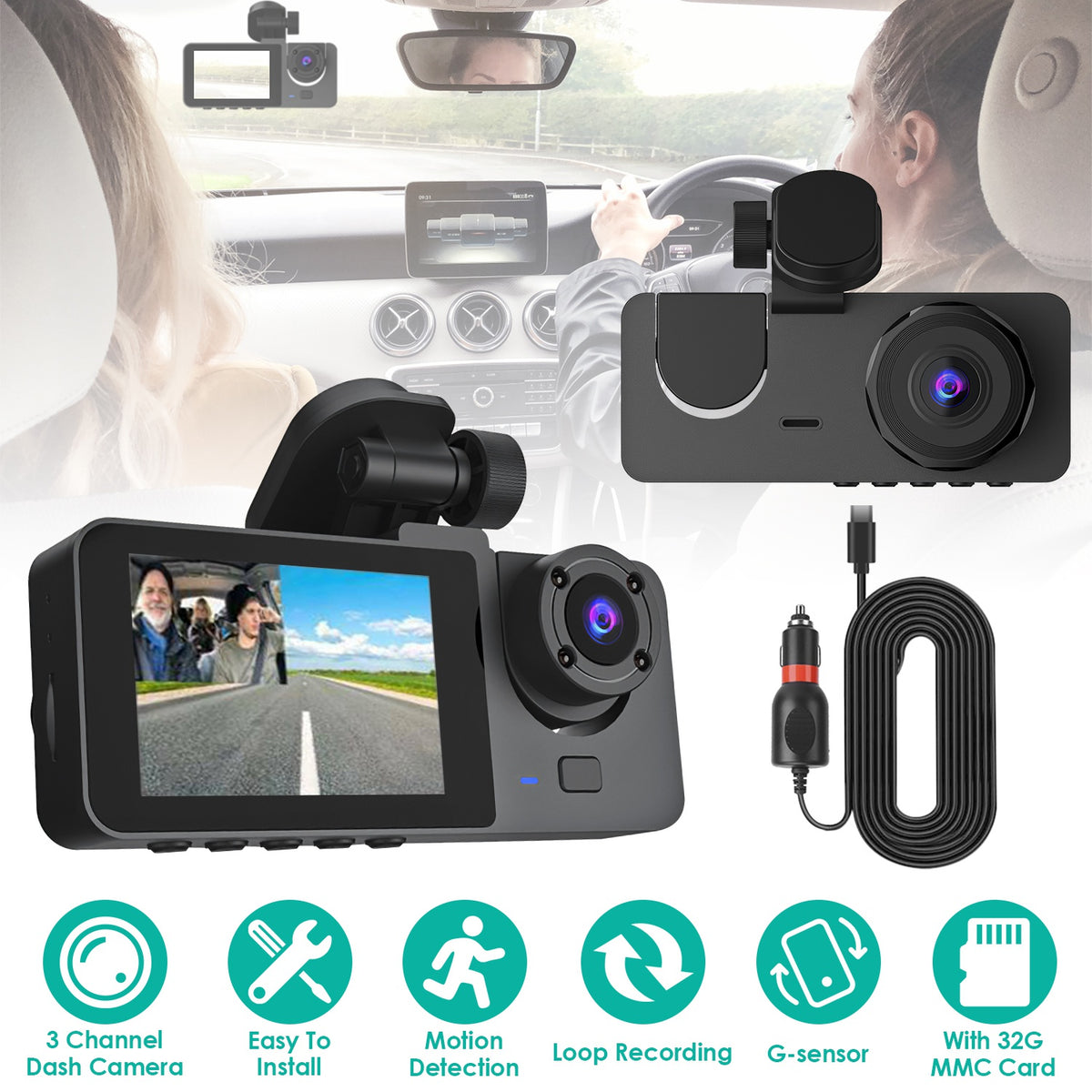 3 Channel Dash Cam, Front, Inside and Rear