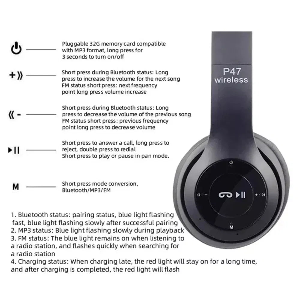 Foldable Wireless Bluetooth Headphones with FM Radio and Mic