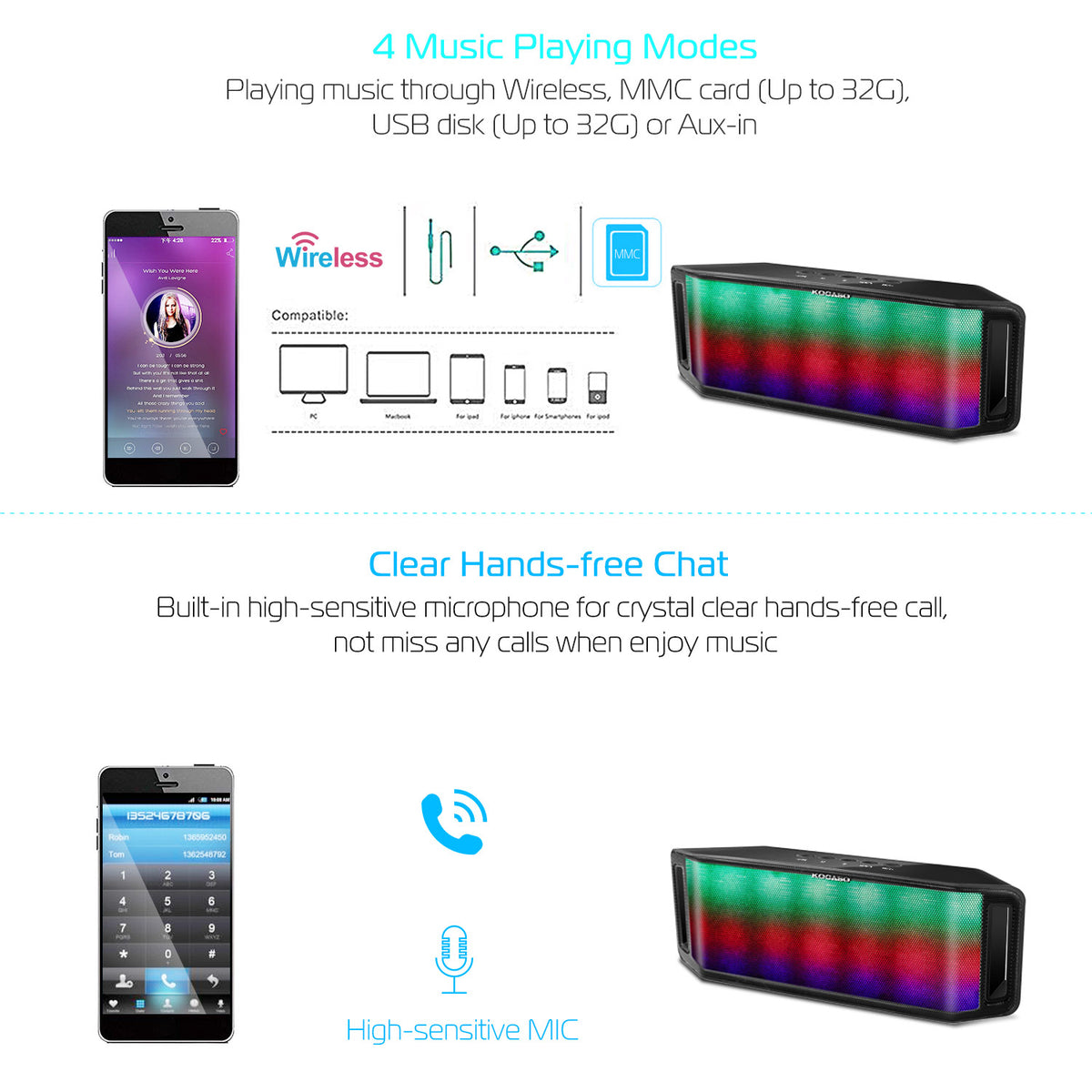 LED Multicolor Wireless Speaker, Hands-Free
