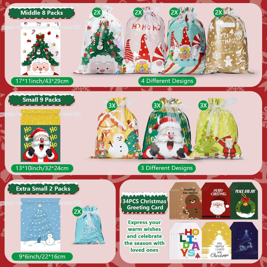 Christmas Drawstring Gift Bags, 34 Pack in 5 Sizes