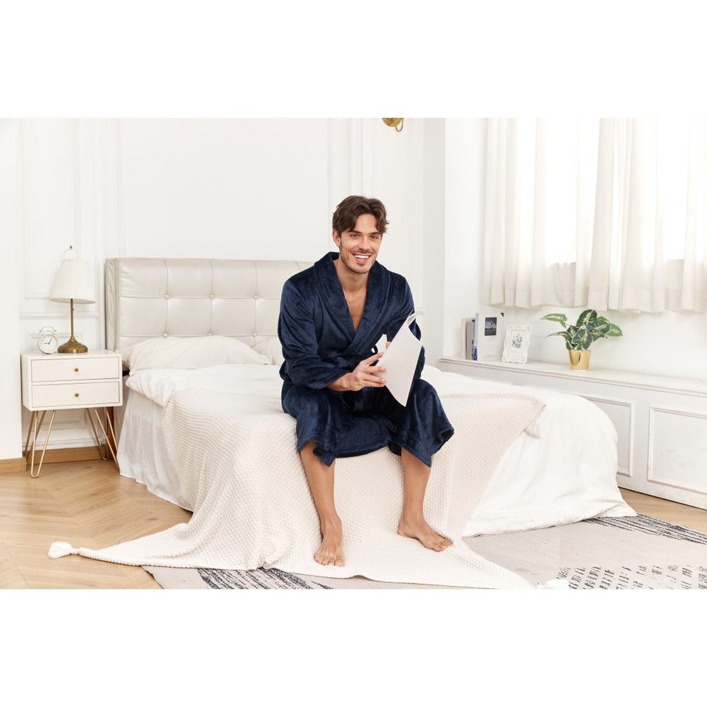 Men's Plush Long Robe, Full Length, Navy