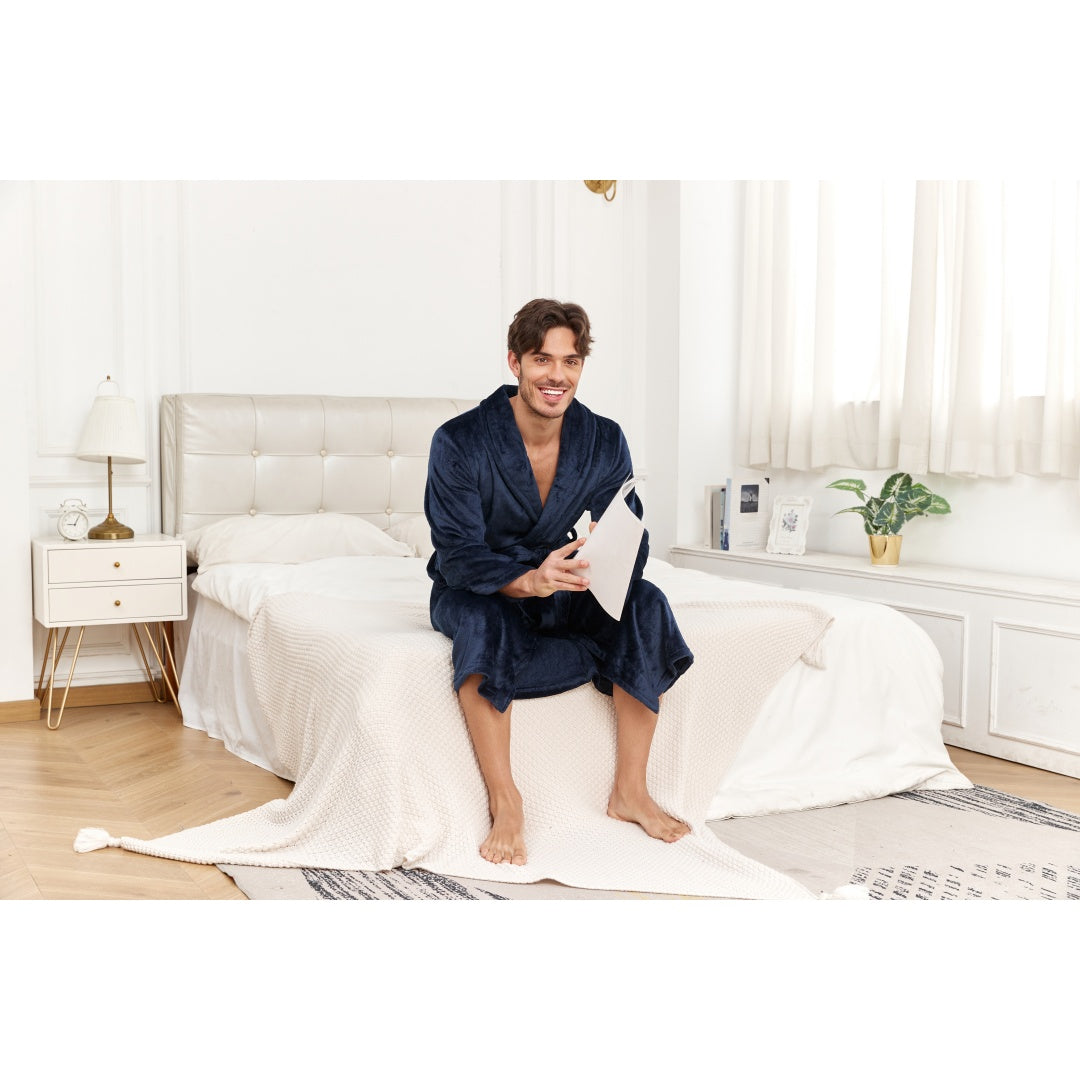 Men's Plush Long Robe, Full Length, Navy