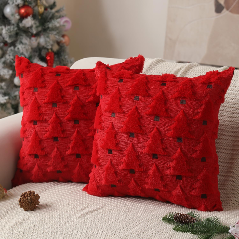 Red Plush Christmas Tree Pillow Covers, 18 x 18 Inch, Set of 2