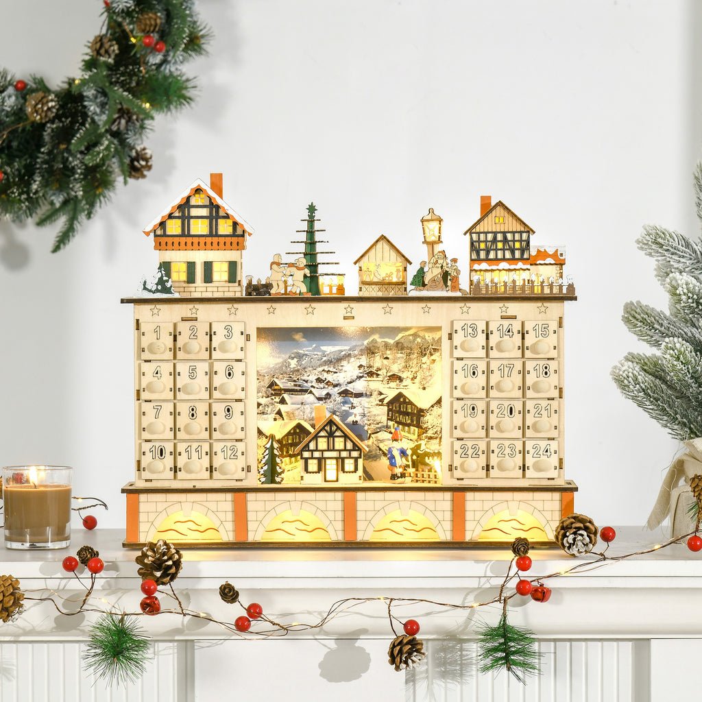 Light-Up Wooden Advent Calendar, Christmas Village with 24 Drawers