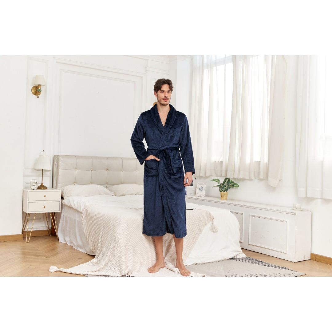 Men's Plush Long Robe, Full Length, Navy