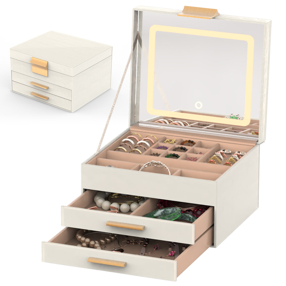 3-Tier Jewelry Box with LED Lighted Mirror