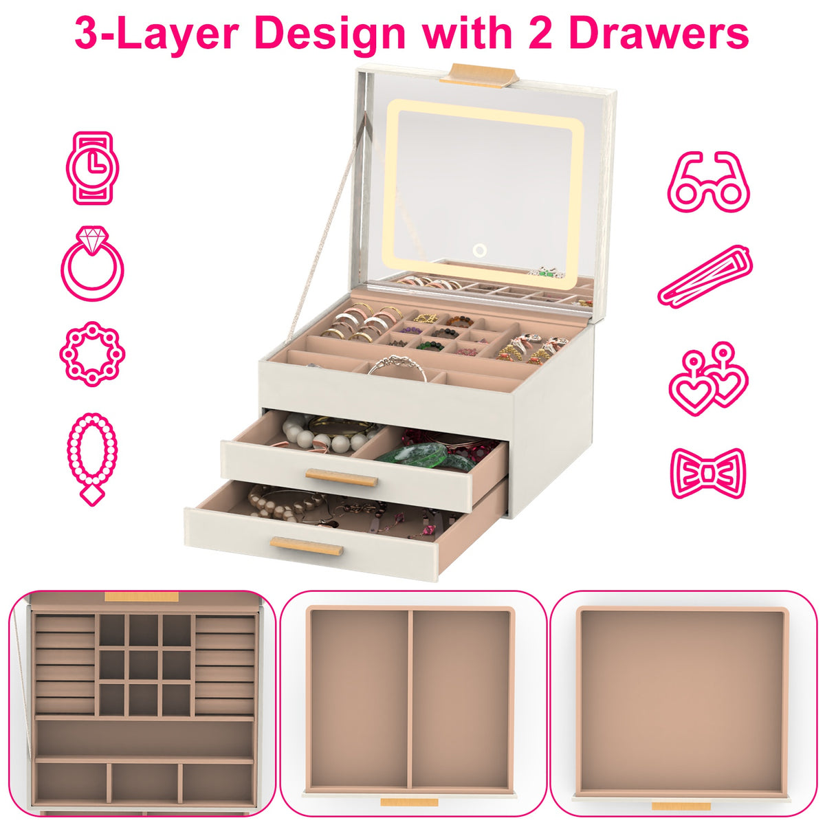 3-Tier Jewelry Box with LED Lighted Mirror