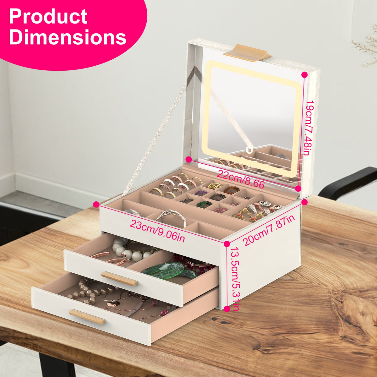 3-Tier Jewelry Box with LED Lighted Mirror