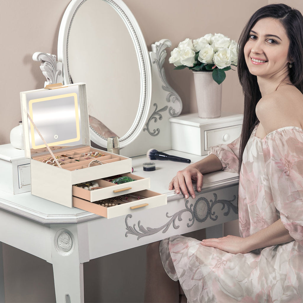 3-Tier Jewelry Box with LED Lighted Mirror