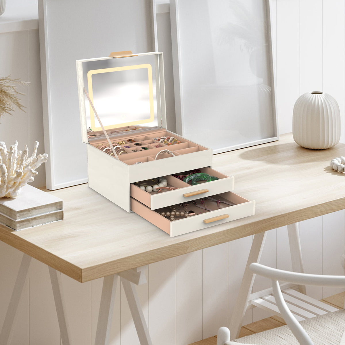3-Tier Jewelry Box with LED Lighted Mirror