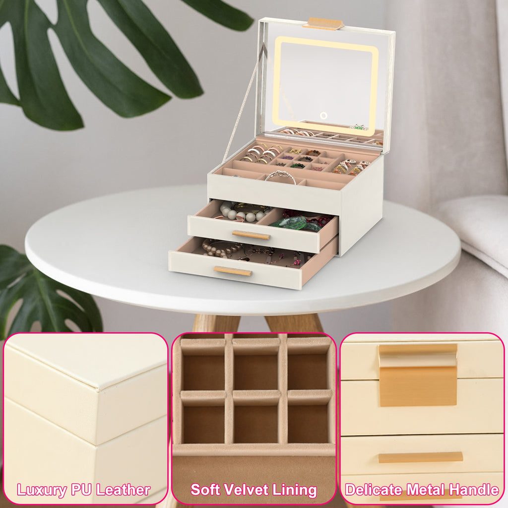 3-Tier Jewelry Box with LED Lighted Mirror