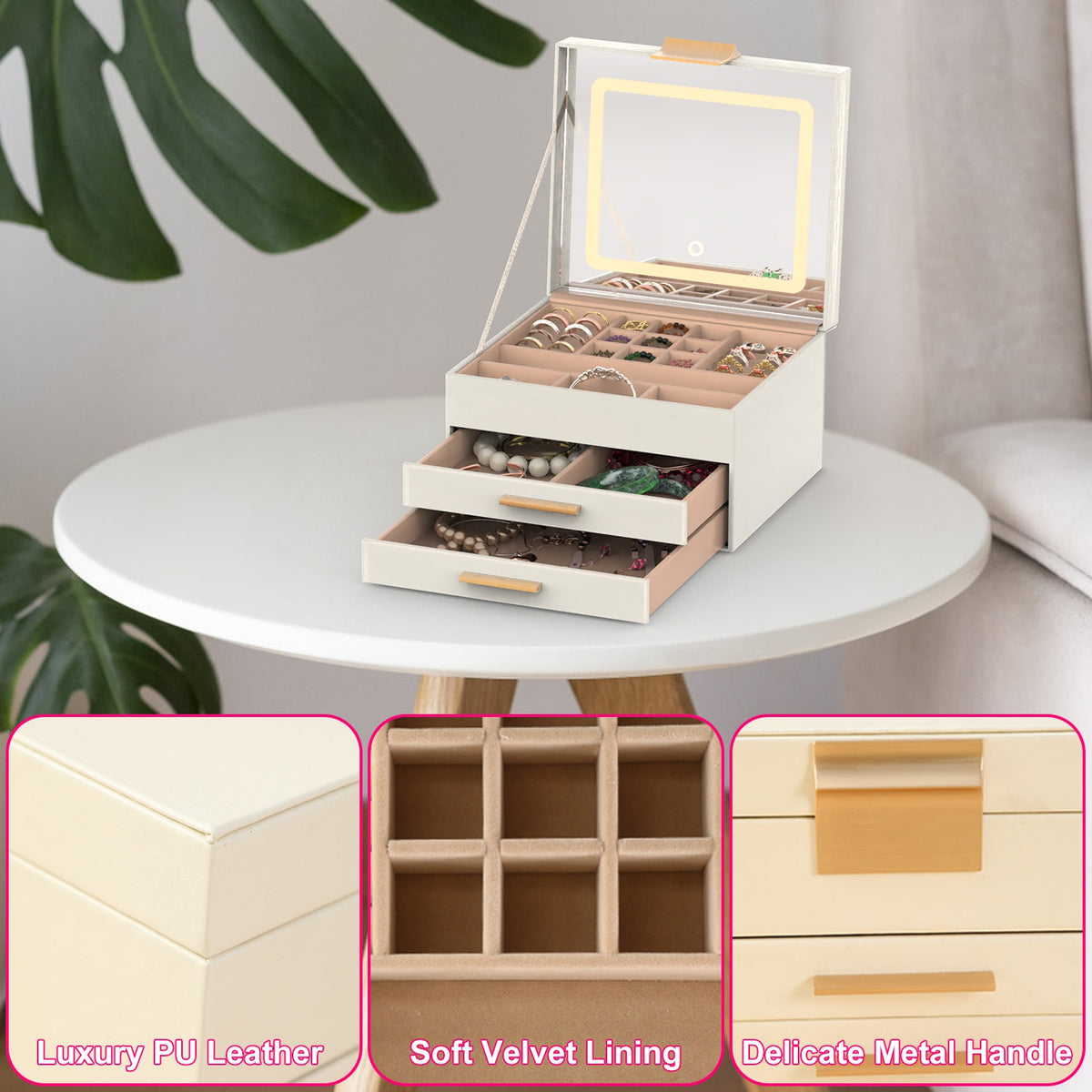 3-Tier Jewelry Box with LED Lighted Mirror