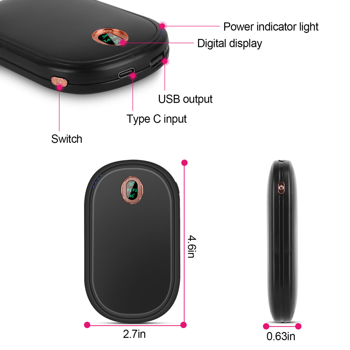 Rechargeable Hand Warmer and Power Bank, Double-Sided Heat