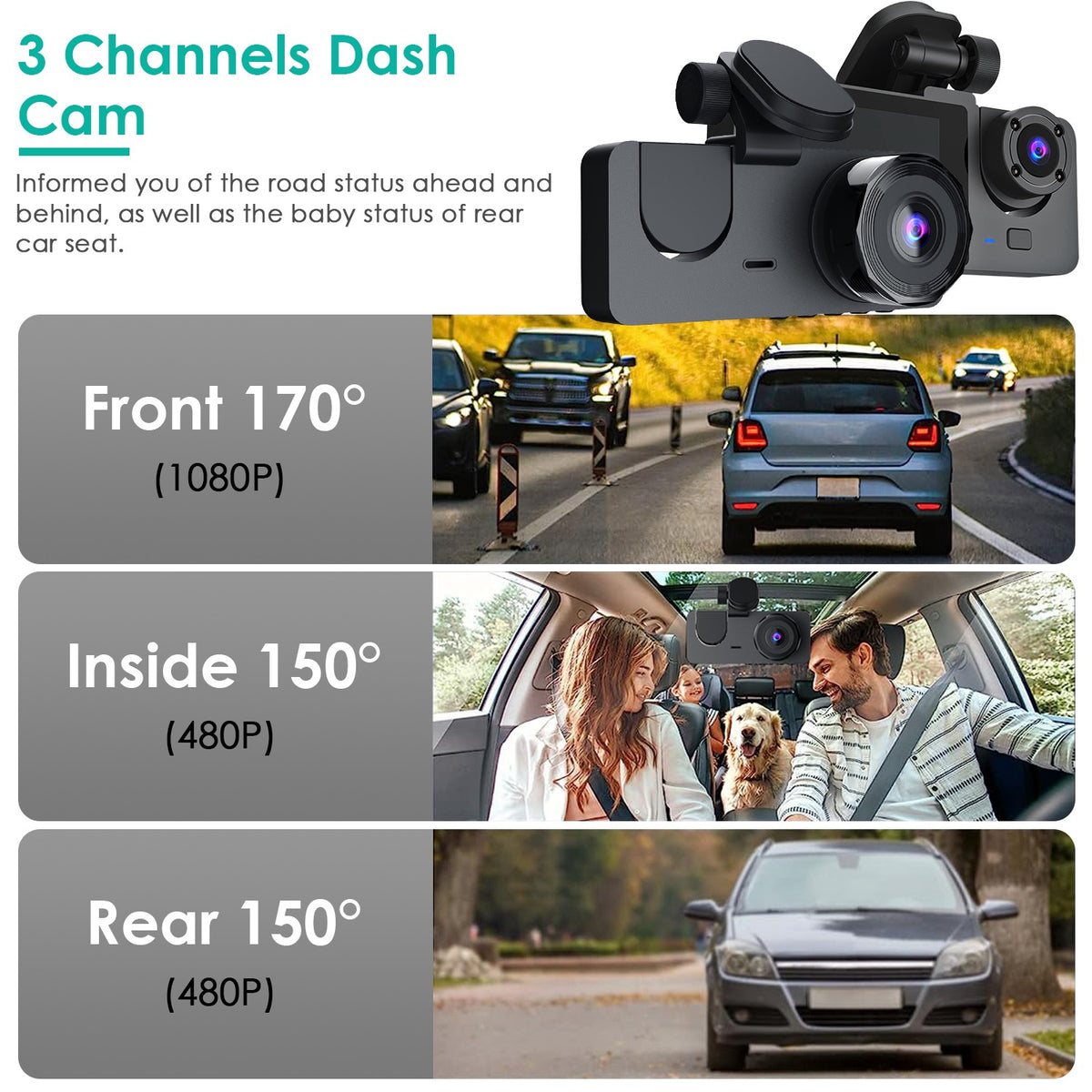 3 Channel Dash Cam, Front, Inside and Rear