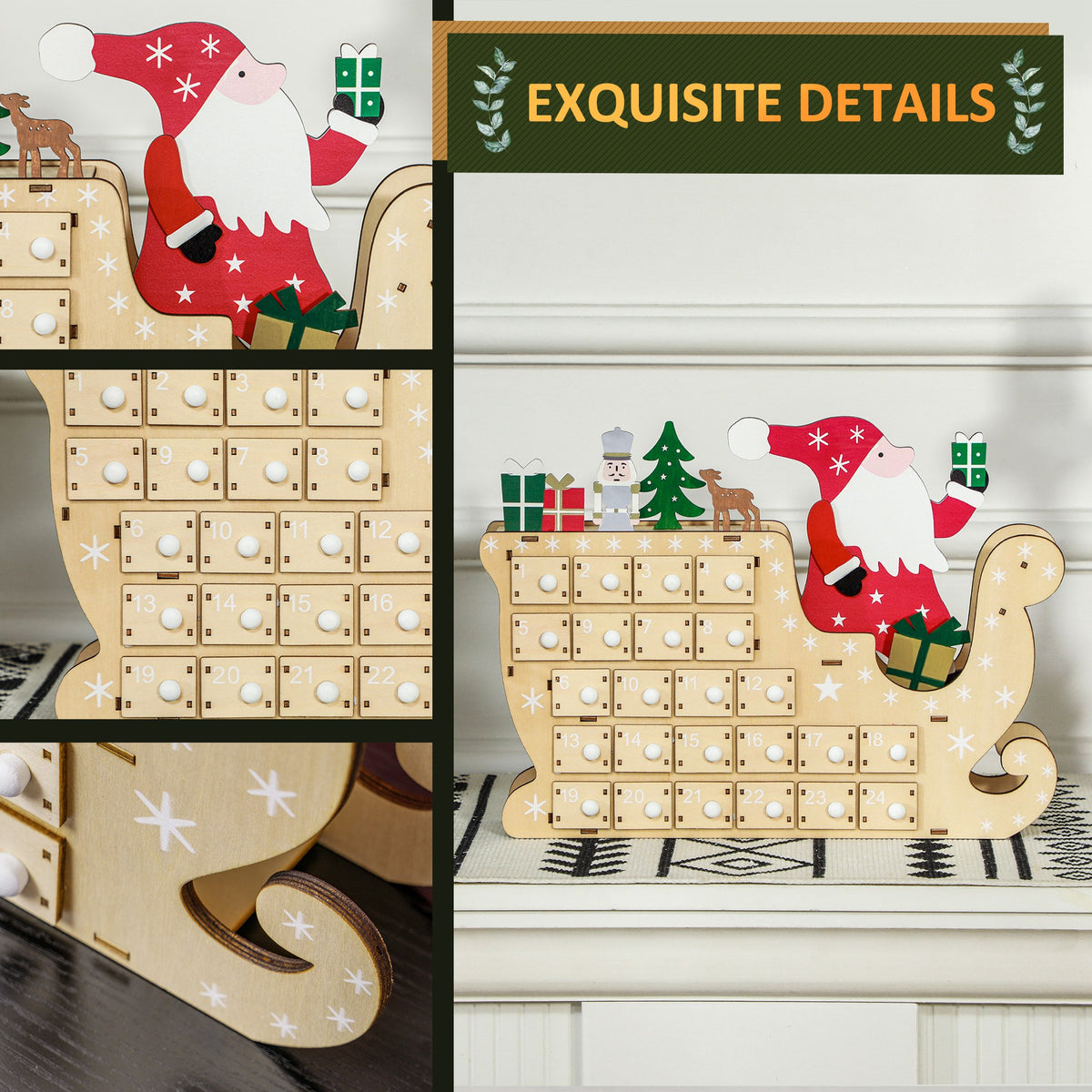 Wooden Advent Calendar, Santa Sleigh with 24 Countdown Drawers