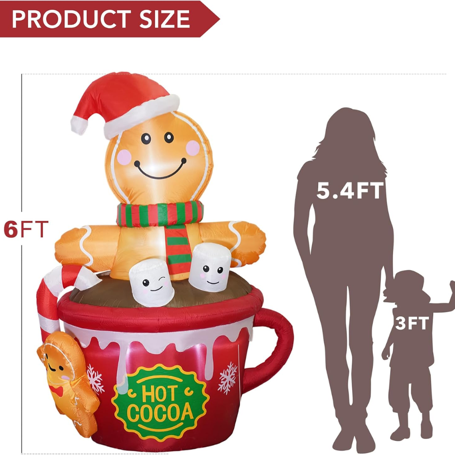 6 ft Inflatable Gingerbread Man in a Hot Cocoa Mug