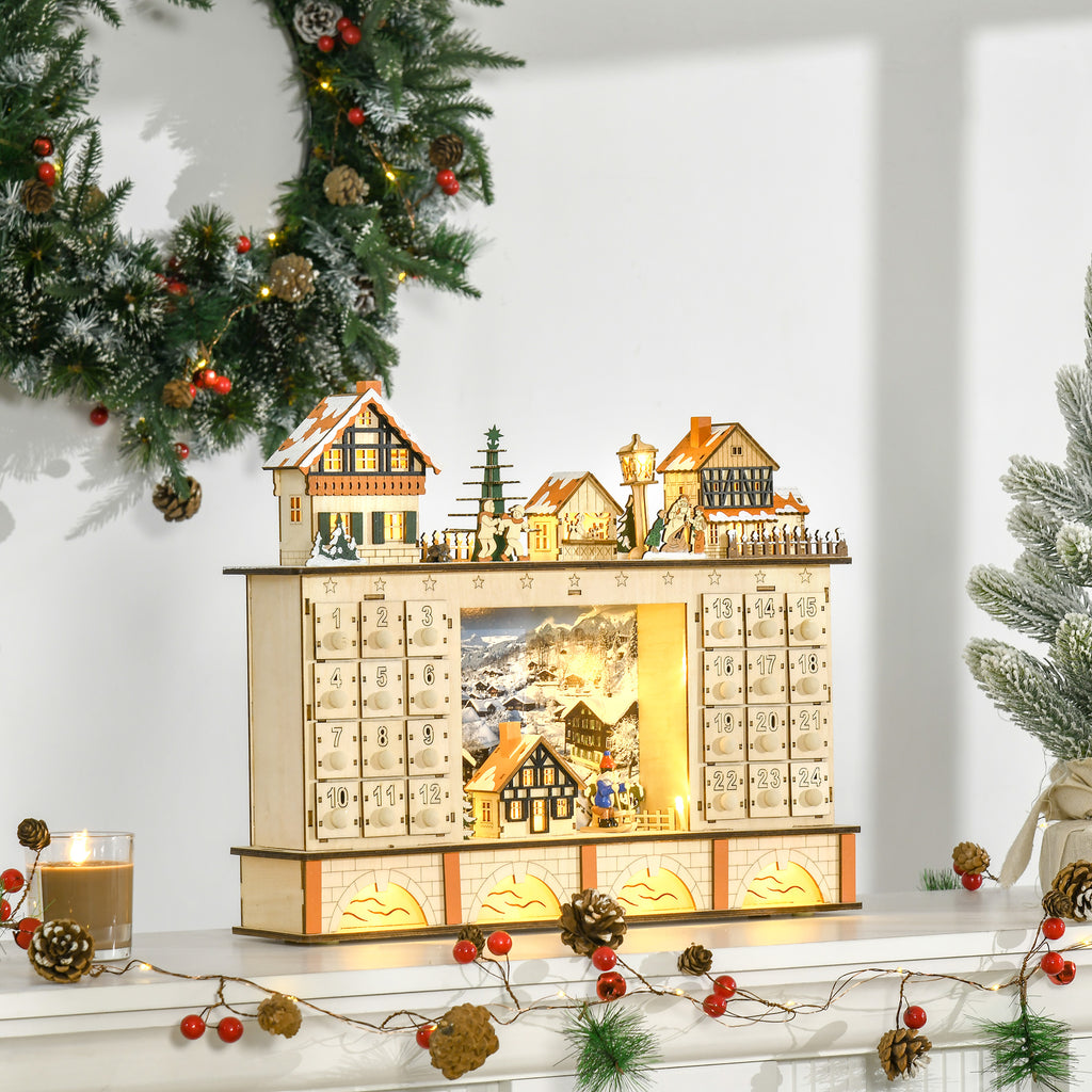 Light-Up Wooden Advent Calendar, Christmas Village with 24 Drawers