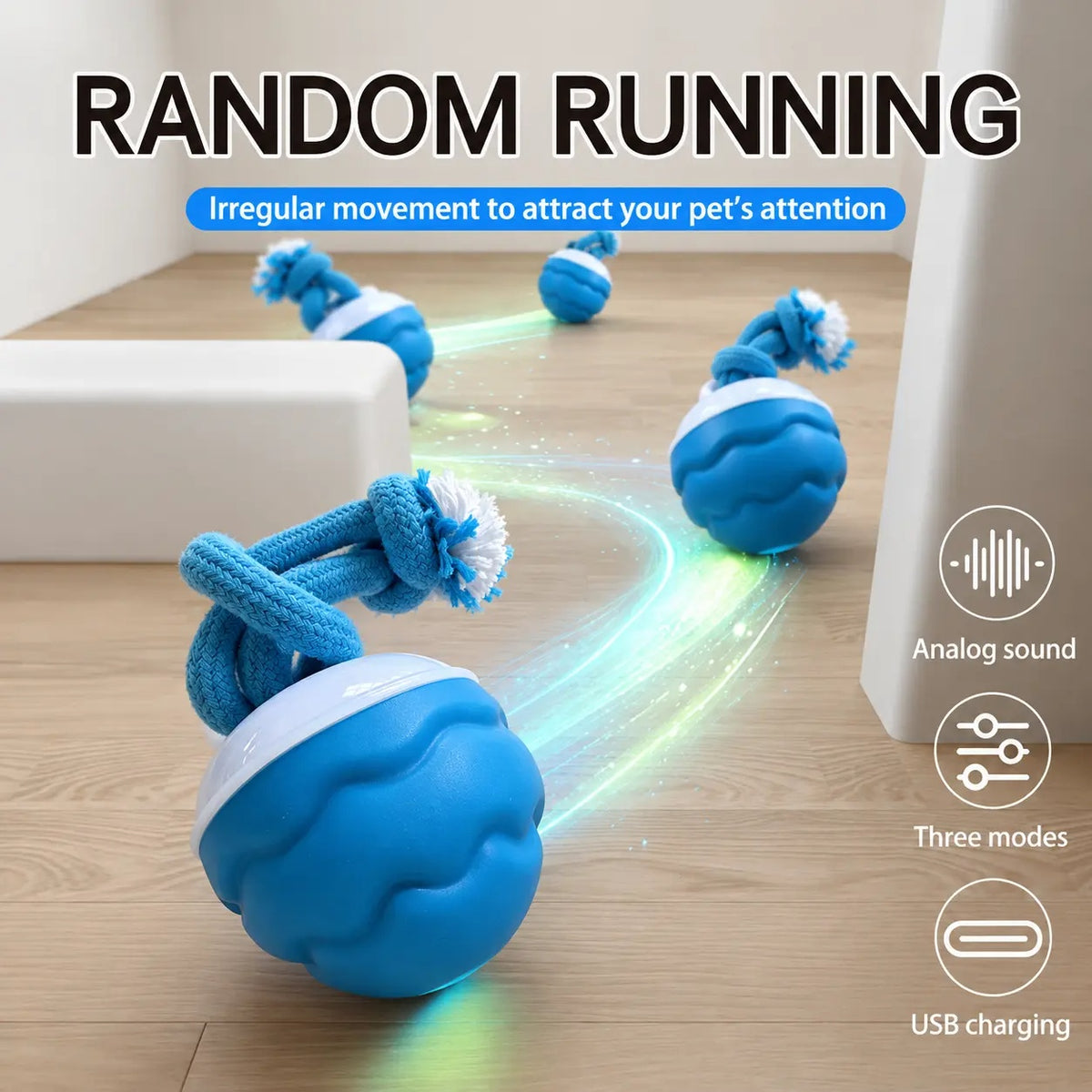 Automatic Rolling Dog Ball with Rope, 3 Modes