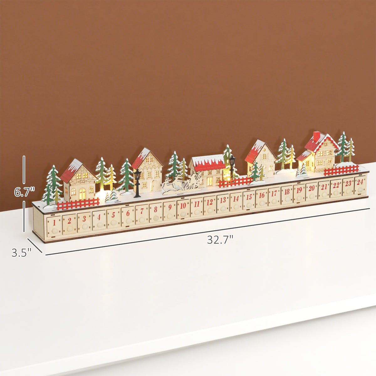 Long Light-Up Wooden Advent Calendar Village, 24 Drawers