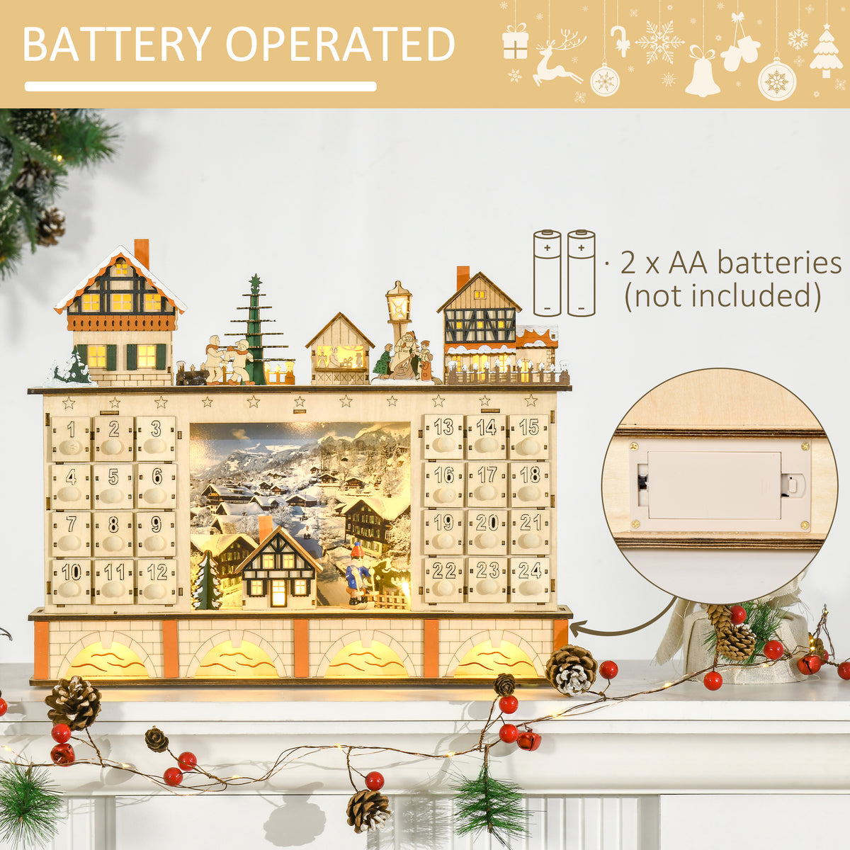 Light-Up Wooden Advent Calendar, Christmas Village with 24 Drawers
