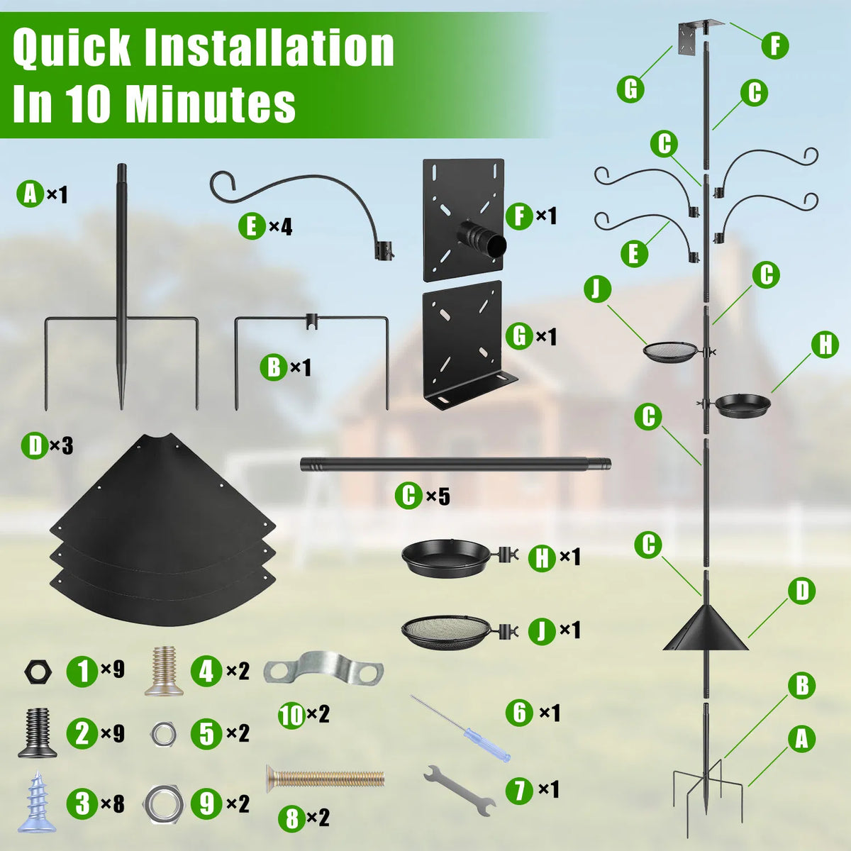 94-Inch Bird Feeder Pole with Squirrel Baffle and 4 Hooks