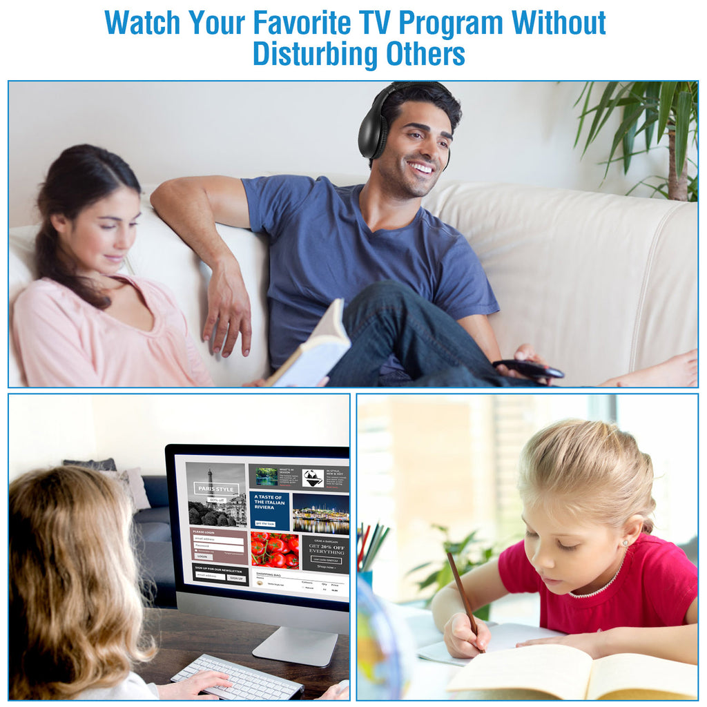 Wireless Over-Ear TV Headphones with RF Transmitter and FM Radio
