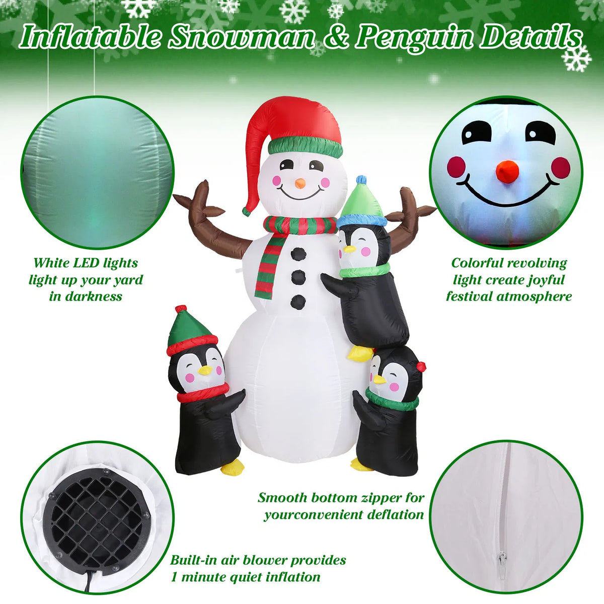 6 ft Inflatable Snowman and 3 Penguins with LED Lights