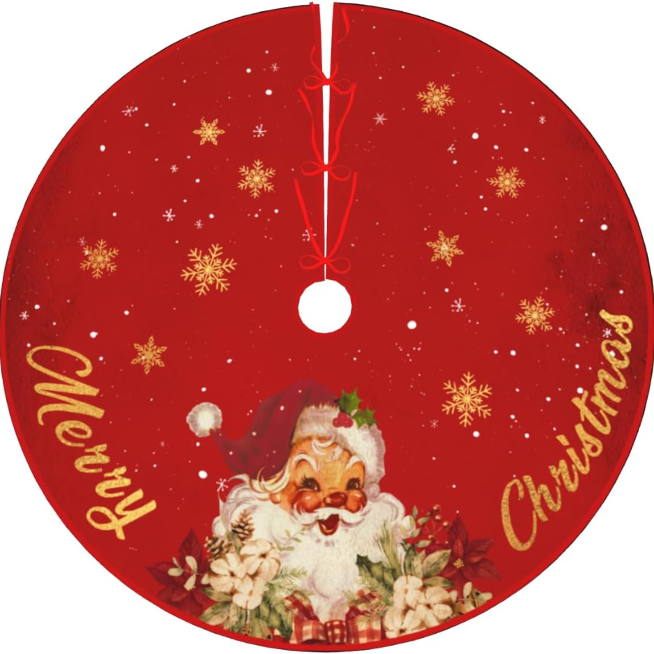 Red and Gold Christmas Tree Skirt with Vintage Santa, 48 Inch