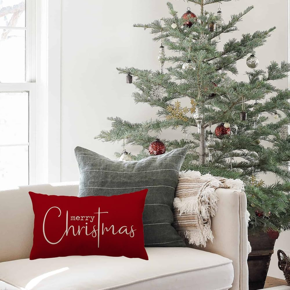 Red Merry Christmas Lumbar Pillow Cover, 12 x 20 Inch