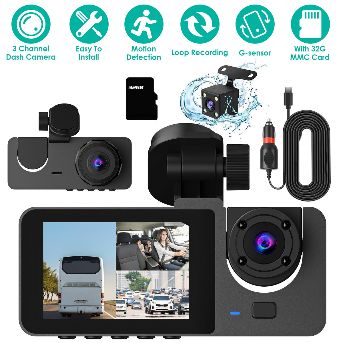 3 Channel Dash Cam, Front, Inside and Rear