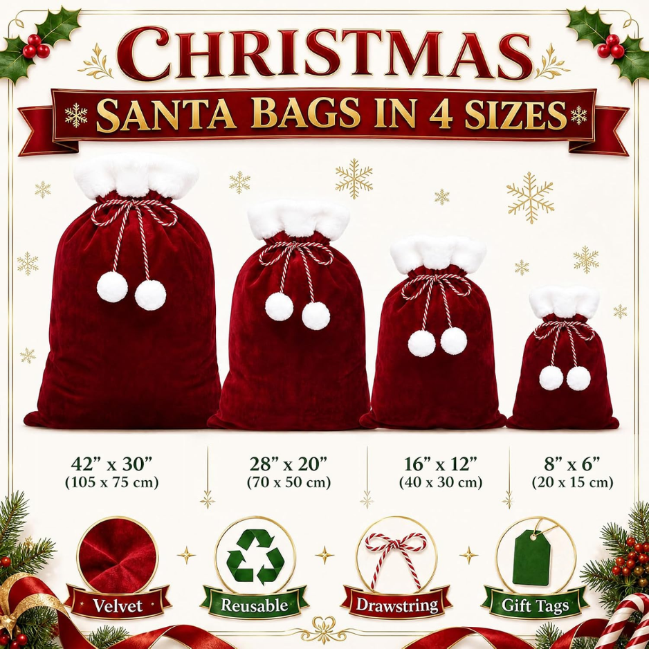 Velvet Santa Sacks with Drawstring, Set of 4 Sizes, Burgundy