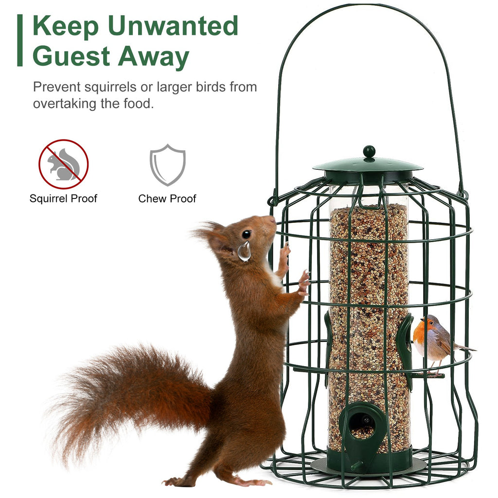 Squirrel Proof Bird Feeder with 4 Ports and Metal Cage