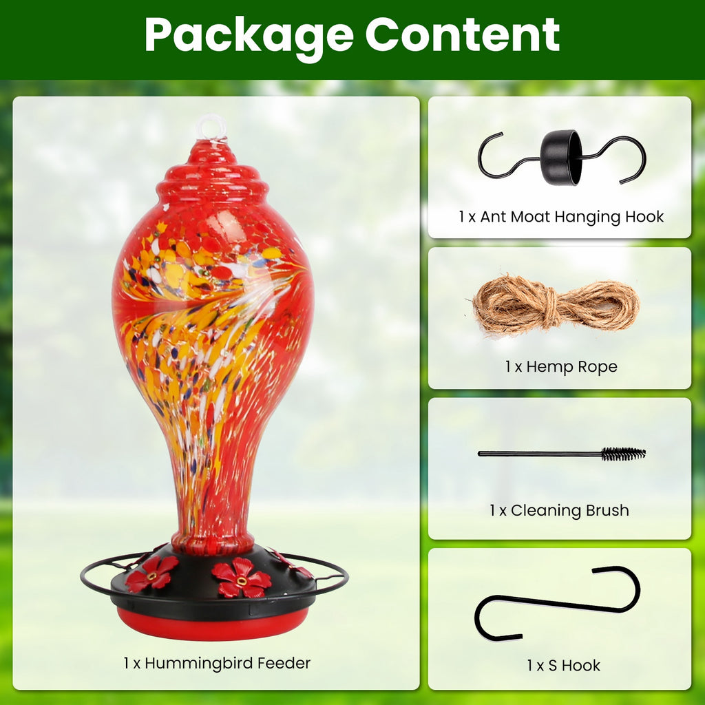 Hand Blown Glass Hummingbird Feeder, 33 oz, 5 Ports