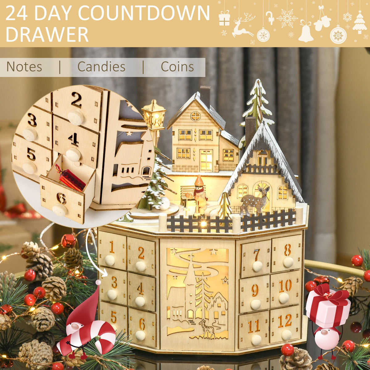 Octagonal Light-Up Wooden Advent Calendar with 24 Drawers