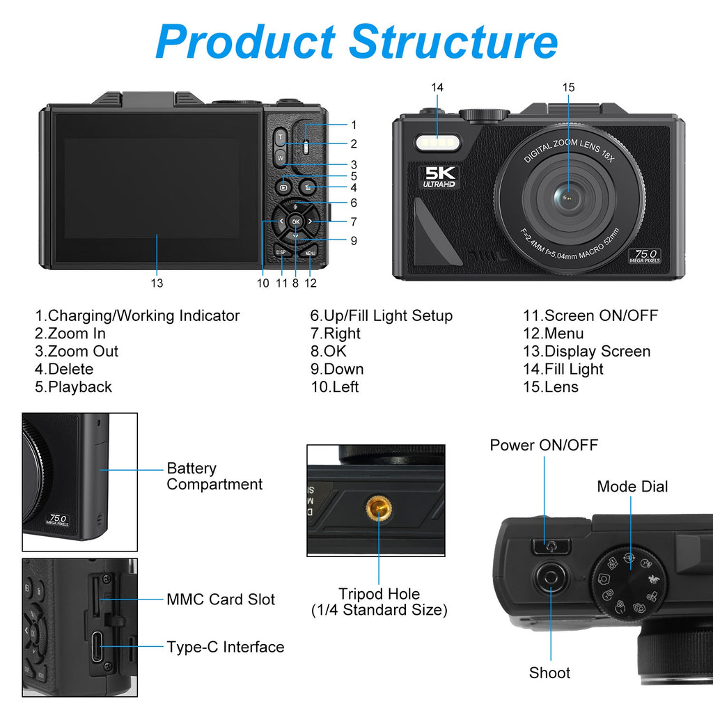 5K 75MP Digital Camera, Anti-Shake