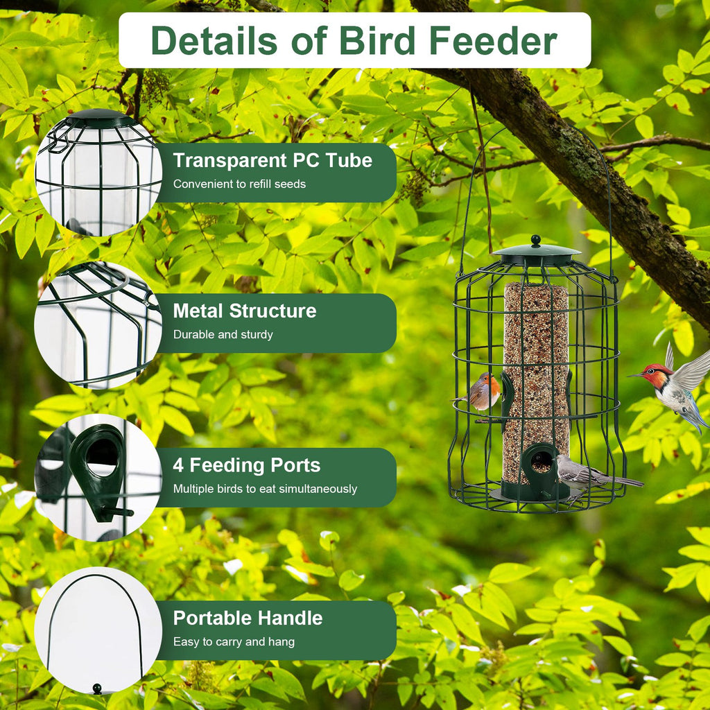 Squirrel Proof Bird Feeder with 4 Ports and Metal Cage
