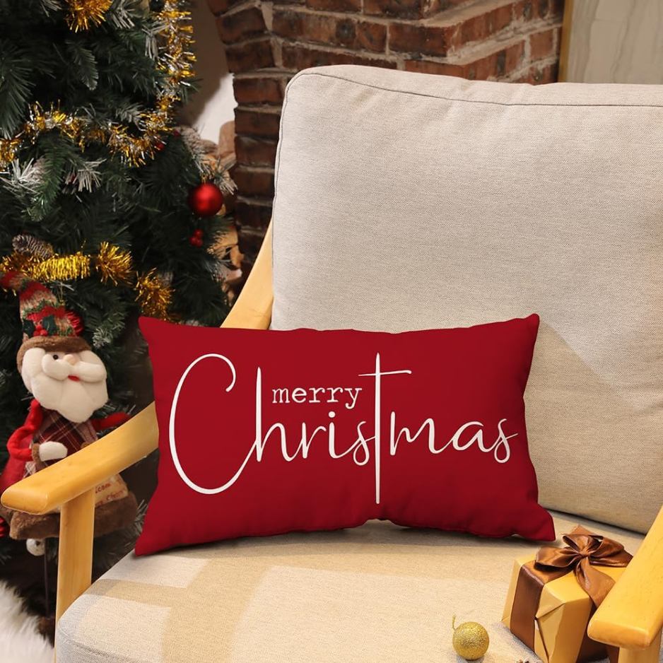 Red Merry Christmas Lumbar Pillow Cover, 12 x 20 Inch