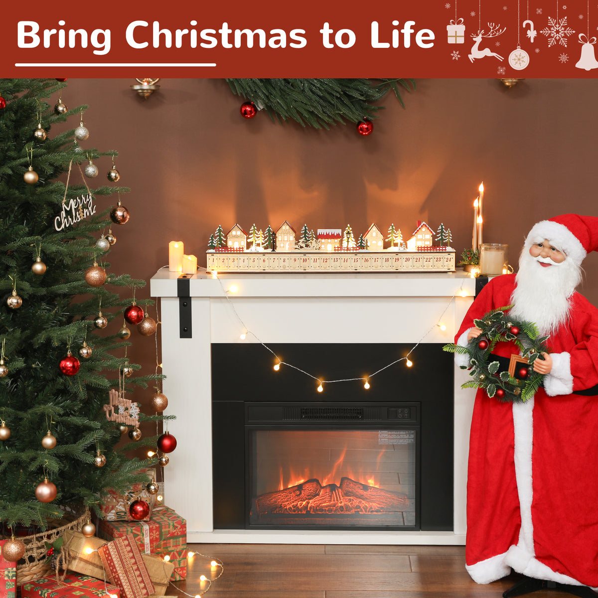Long Light-Up Wooden Advent Calendar Village, 24 Drawers