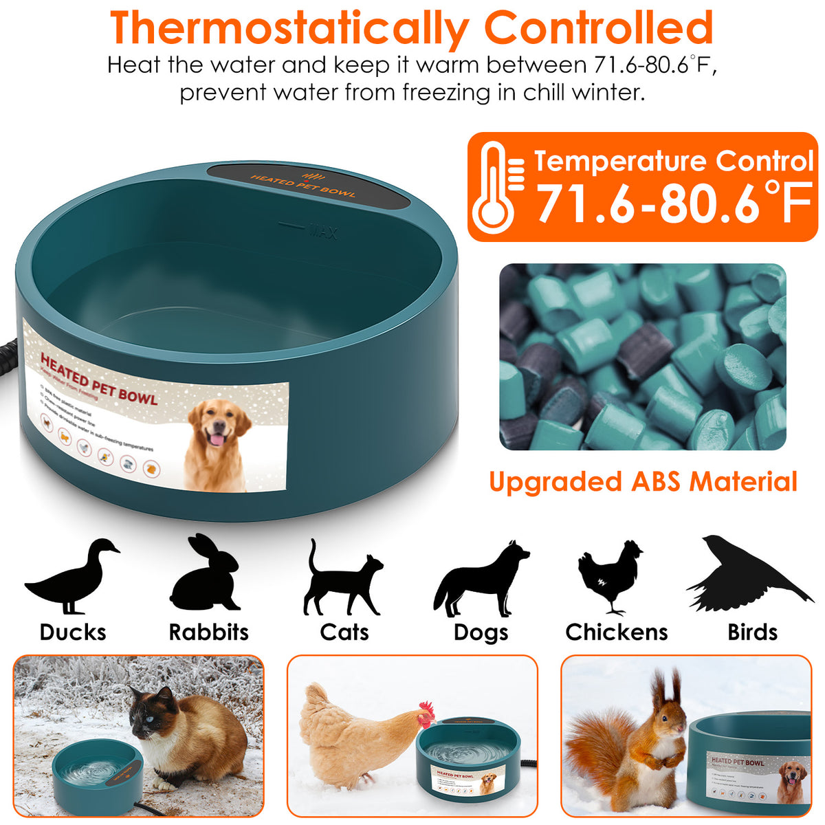 Heated Pet Water Bowl, 74 oz, Thermostatic