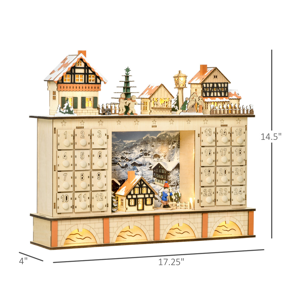Light-Up Wooden Advent Calendar, Christmas Village with 24 Drawers