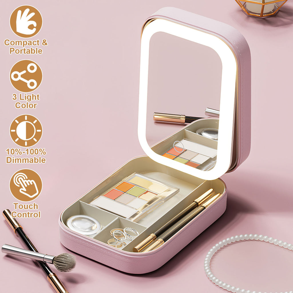 Travel Makeup Case with LED Mirror, Rechargeable
