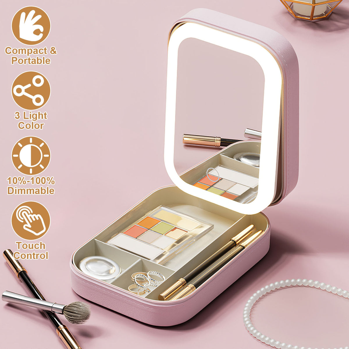 Travel Makeup Case with LED Mirror, Rechargeable
