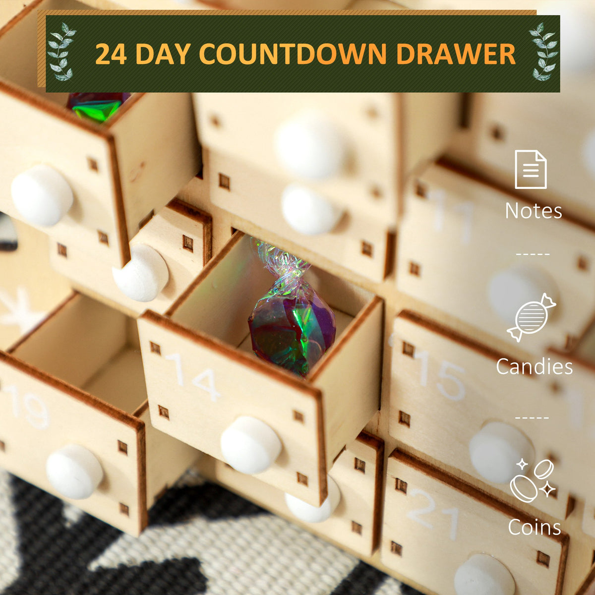 Wooden Advent Calendar, Santa Sleigh with 24 Countdown Drawers